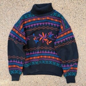 Obermeyer Black Turtleneck Sweater with Multicolor Fair Isle Accents